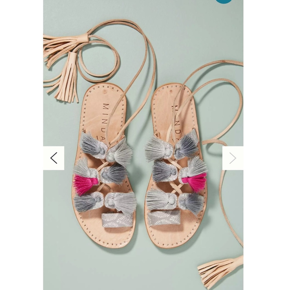 ANTHROPOLOGIE x Minda Living Tasseled Gladiator Sandals Pink and Gray Accents